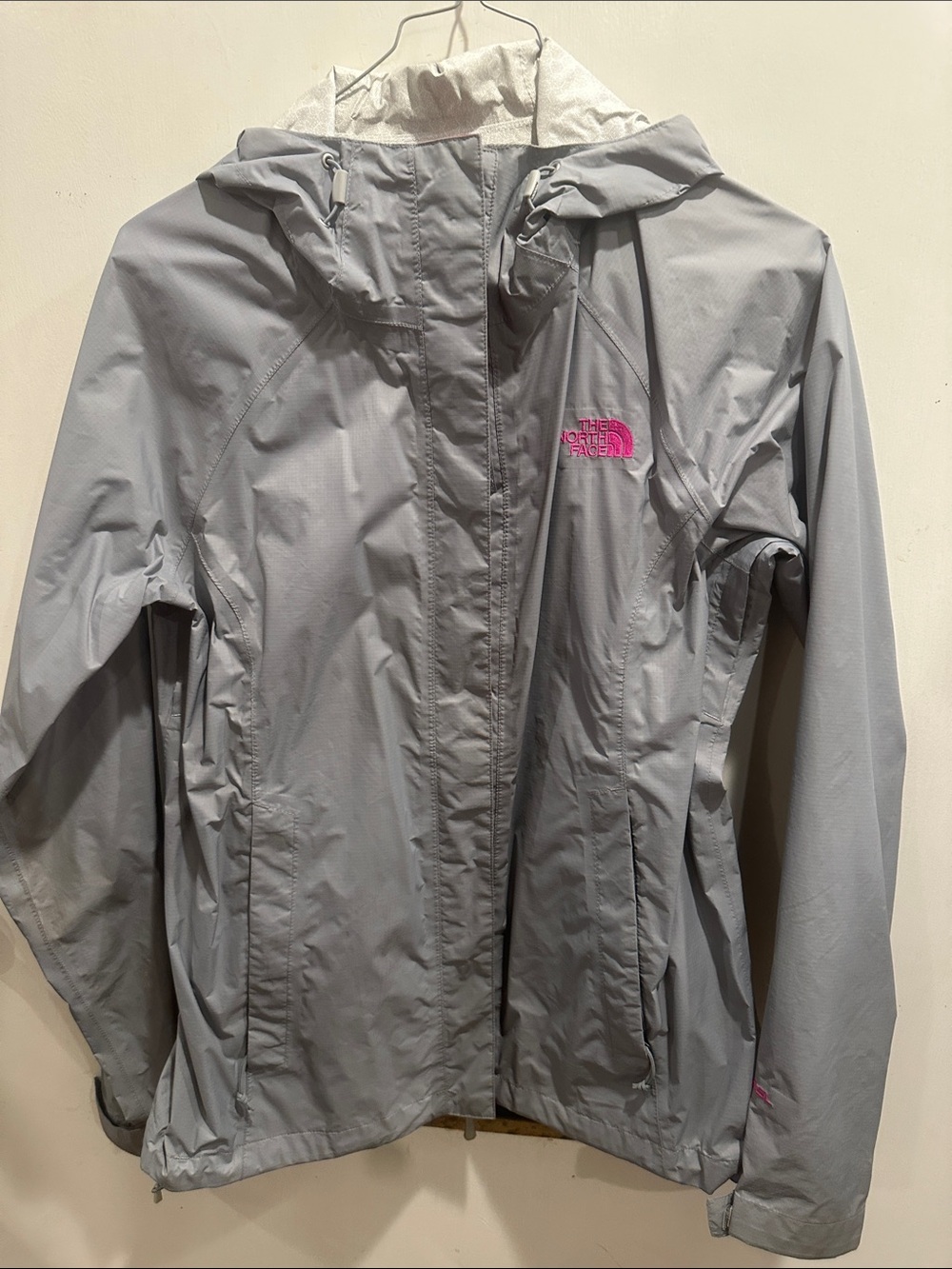 The North Face Light Gray Rain Jacket with Pink Logo